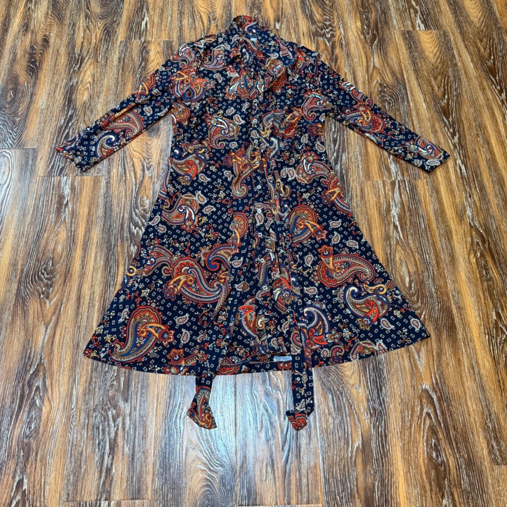 Tommy Hilfiger Womens 14 Navy Blue Paisley Tie Button Front Shirt Dress L